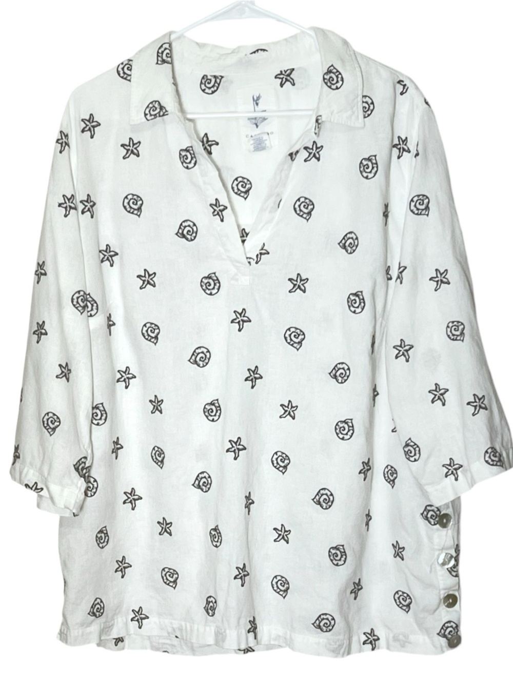 Calypso St Barth white linen blend tunic with blue sea theme embroidery 1X